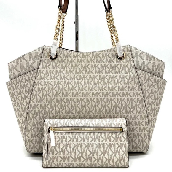 Michael Kors Large Jet Set Travel Chain Shoulder Bag & Trifold Wallet Vanilla - Picture 5 of 14